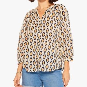 NIC+ZOE Cream Blouse with Navy and Tan Diamond Print